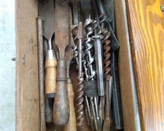 Lots of tools, modern and vintage; wood working mostly in this box