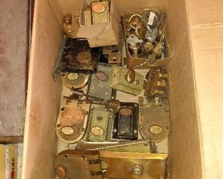 Heavy box with vintage Segal dead bolts & other lock parts