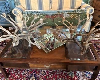 Coffee table; antler candle holders