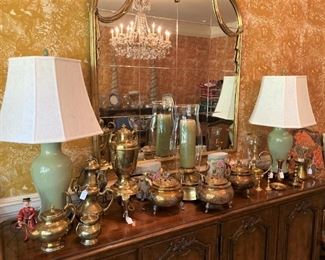 Large selection of brass; matching celadon lamps