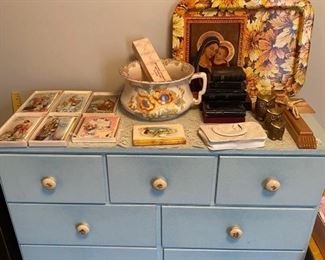 Blue Painted Dresser / Religious Items