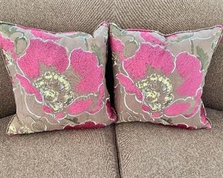 $95; Pair of custom floral down-filled pillows.  17"H x 17"W
