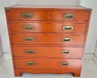 $395; Six drawer red  campaign chest with brass accents -  28"H x 28"W x 11.5"D