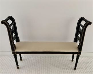 $150; Narrow upholstered bench; upholstered in muslin; 29"H x 38"W x 9"D (seat height 14"H)