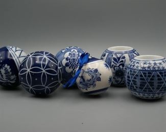 Blue ceramic ornaments and votive holders