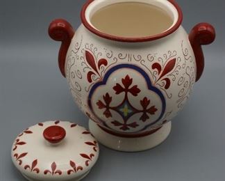 Red and White ceramic lidded vessel