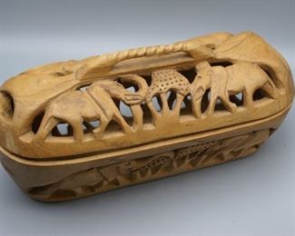 African Carved Wooden basket with elephant detail