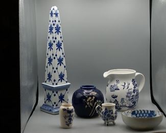 Blue and white ceramic statue, bowl, vases, pitchers