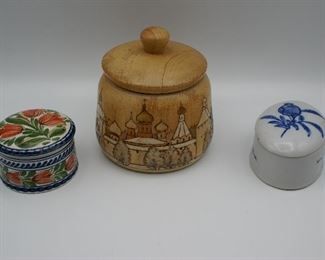 set of 3 ceramic and wooden lidded vessels