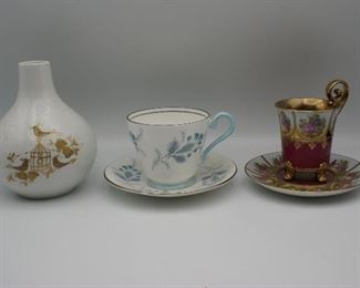 2 tea cup and saucer, small white vase with gold painted designs