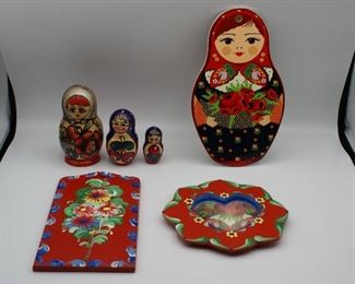 4 pc Nesting dolls tallest 4", Nesting doll  trivet/coaster 8" x5" wide tall, ceramic with cork backing, hand painted wooden mirror 6" tall/wide, flower painting 8.25" tall x 4.5" wide
