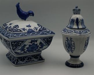 Blue and white ceramic containers with lids x 2