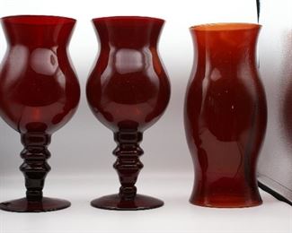 3 pc red glass hurricane lamp and decorative vessels