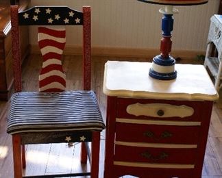 Americana Painted Chair, Night Stand and Lamp. Signed Chair by Pam McAloy, 24" T x 14" x 20" Nightstand 