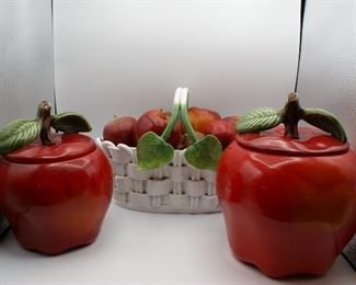 Vintage Apple Cookie Jars and Ceramic Basket 