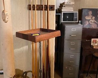 Pool cues and accessories.