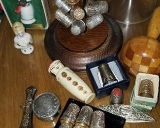 Bone needle case tape measures thimbles tree with sterling and gold thimbles