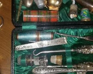 Thimbles, thimble holders sterling sewing tools