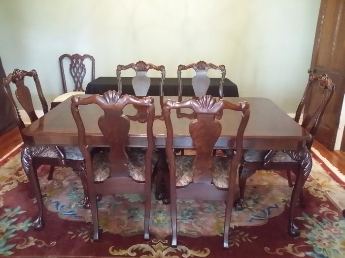 Bernhardt Centennial Collection mahogany ball & claw foot dining table (46"by76" with two 24" leaves),  6 mahogany chairs