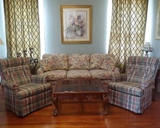 Thomasville sofa, 2 matching swivel rockers, walnut coffee table with ball & claw feet and beveled glass insets