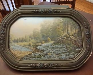 Antique print & frame with old curved glass