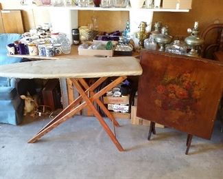 Old wooden ironing board, antique game table
