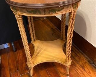 Vintage table with inlaid top, carved skirt, and barley twist legs