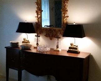 Sideboard, Morganton Collection c. 1960, fashion mirror, pair of gold lion lamps.