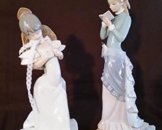 Lladro Collection: 
Left,  NAO 1980 Figure of girl & hat 12"
Right, Daisa 1978 14" (estate condition)