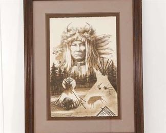 Black And Tan Tone Native American Print In Frame