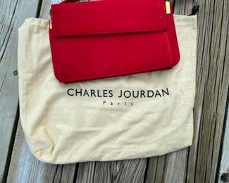 Charles Jourdan red suede and leather bag        35.00      6 1/4"h x 10 1/2w