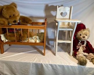 Doll Crib High Chair and Teddy Bears