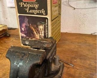 Oxwall Table Vise and Coleman Propane Lantern