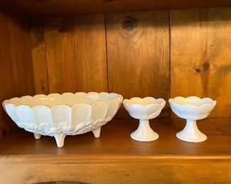 Milk Glass Bowl and Candleholders $20.00