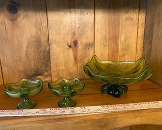 Green Glass Bowl and Candlesticks $18.00