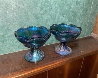 Blue Carnival Glass Candlestick Holders $10.00