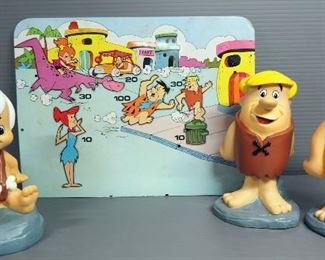 Flintstones Figurine Banks, Includes Fred, Barney And BamBam And Tin Wall Target Point Sign
