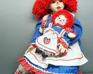 Danbury Mint "Ann" Porcelain Doll, With Raggedy Ann Stuffie And Wig, In Box