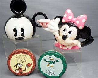 Mickey Mouse Sugar Bowl, Enesco Minnie Mouse Creamer, And Disney Tea Tins With Tea