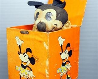 Vintage Disney Figures, Includes Mickey Mouse Jack In The Box (Non-Musical), Mickey Cowboy, Donald Duck In British Uniform, And Big Bad Wolf