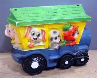 Toy Chest Made To Look Like Train Carrying Passengers, With Lid, Approx 25" High x 36" Long x 19" Wide