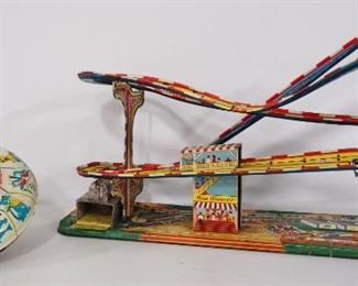 Technofix Big Tipper Tin Roller Coaster Track And J. Chein Tin Push Down Spinning Top