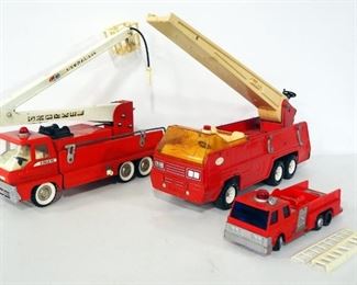 Tonka Metal Hook-N-Ladder Fire Engine, Structo Fire Truck And Radio Shack Battery Powered Fire Engine, Unknown Working Order, Some Damage