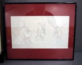 Sketch Of Mickey Minnie And Pluto, Matted, Framed, 17" Wide x 14" High, And Dumbo Theater Promotion On Wood