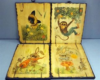George Buckett 1963 Paintings On Wood Of Various Animals, Includes Rabbits, Monkey, And Cat, Total Qty 4, All 11" Wide x 14" High