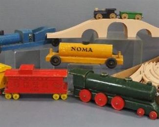 Plastic Train Track Set With 2 Train Cars And Wood Train Car Collection, Includes 2 Engines, Box Car, Coal Car, Caboose And Oil Car