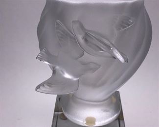 13.  Lalique French Frosted Leaded Crystal Rosine "Flying Doves" Vase  5" x 5" x 7".     $220.00