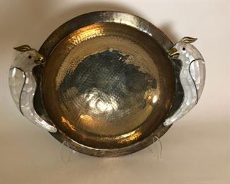 14.  Hand-hammered Silver Plate Bowl with Pair of Inlaid Mother of Pearl Cockatoos by Los Castillo, Taxco, Mexico.   $500.00