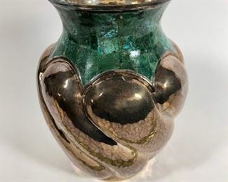 15.  Hand-hammered Silverplate and Inlaid Malachite vase by Los Castillo, Taxco, Mexico.   $200.00