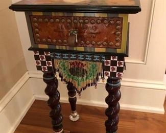 1. MacKenzie Childs Single Drawer Hand Painted Accent Table with Barley Twist Legs, Decorative Beadwork, and Crystal Knob Feet.   $1200.00 (excluded from discount)